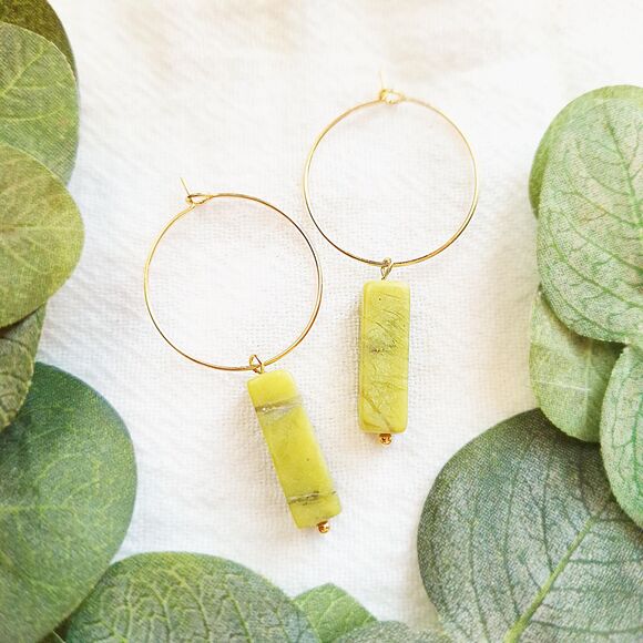 Green Serpentine Gold Hoop Earrings, Minimalist Boho Hoops, Natural Cottagecore - Picture 9 of 9